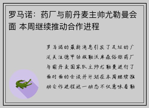 罗马诺:药厂与前丹麦主帅尤勒曼会面 本周继续推动合作进程 罗马诺:药厂与前丹麦主帅尤勒曼会面 本周继续推动合作进程